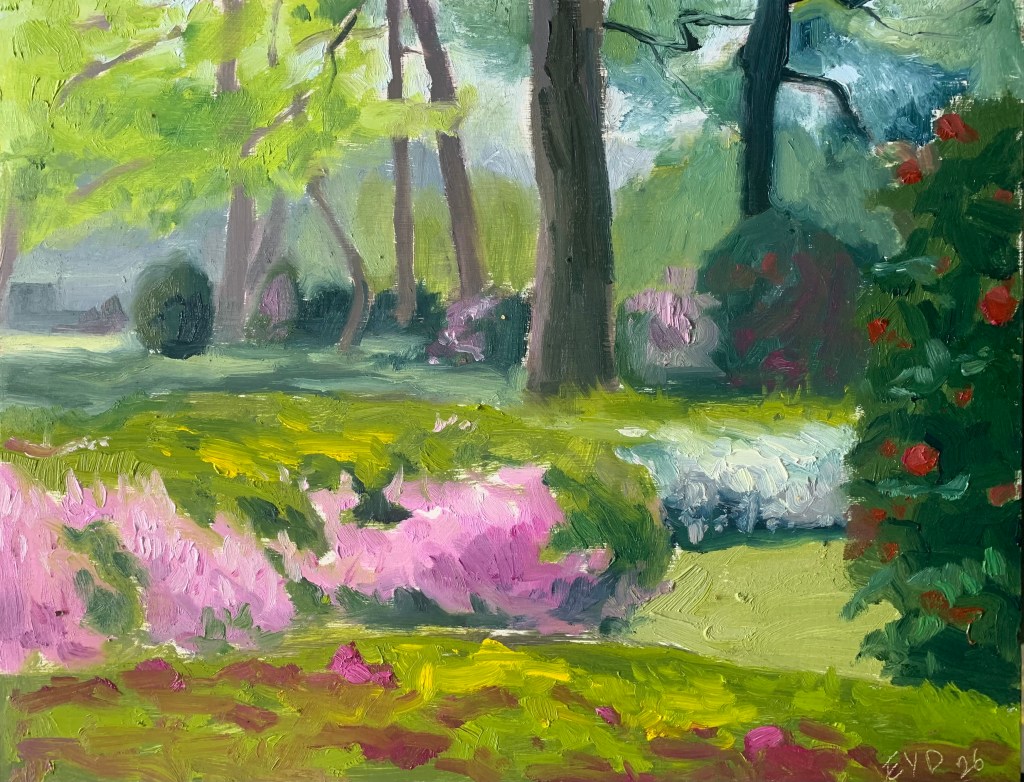 A painting of a park in springtime bloom, with white, pink, and magenta azaleas. On the right, a tall dark camellia bush with dramatic dark booms. Shady shadows from the tall trees overhead.